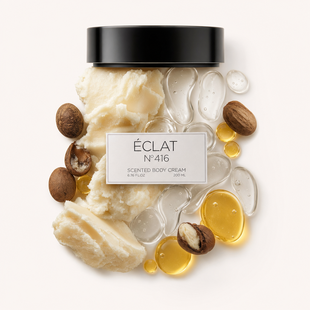 Ein Arrangement aus cremiger Sheabutter, glänzenden Öltropfen und ganzer Muskatnuss umgibt eine schwarze Kappe mit ÉCLAT-Etikett.