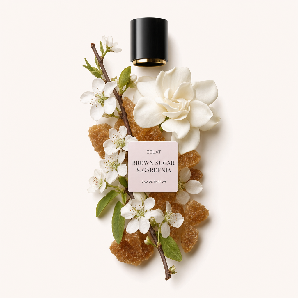 Ein Arrangement aus braunen Zuckerkristallen, zarten Gardenienblüten und blühenden Zweigen umgibt eine schwarze Kappe mit goldenem Boden, die mit ÉCLAT Brown Sugar & Gardenia beschriftet ist.