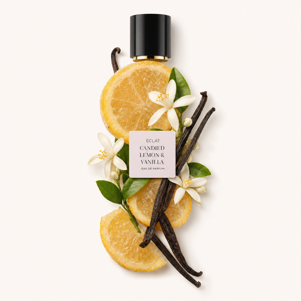 Ein Arrangement aus kandierten Zitronenscheiben, Vanilleschoten und weißen Blüten umgibt eine schwarze Verschlusskappe mit dem Etikett ÉCLAT Candied Lemon & Vanilla.