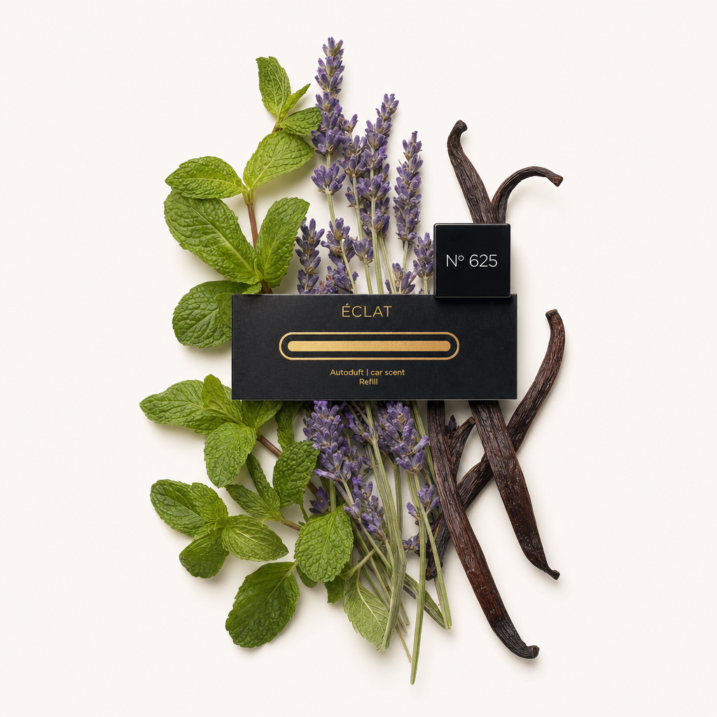 Ein Arrangement aus frischen Minzblättern, Lavendelzweigen und Vanilleschoten liegt unter einer eleganten schwarzen Kappe mit ÉCLAT No. 625 Etikett.