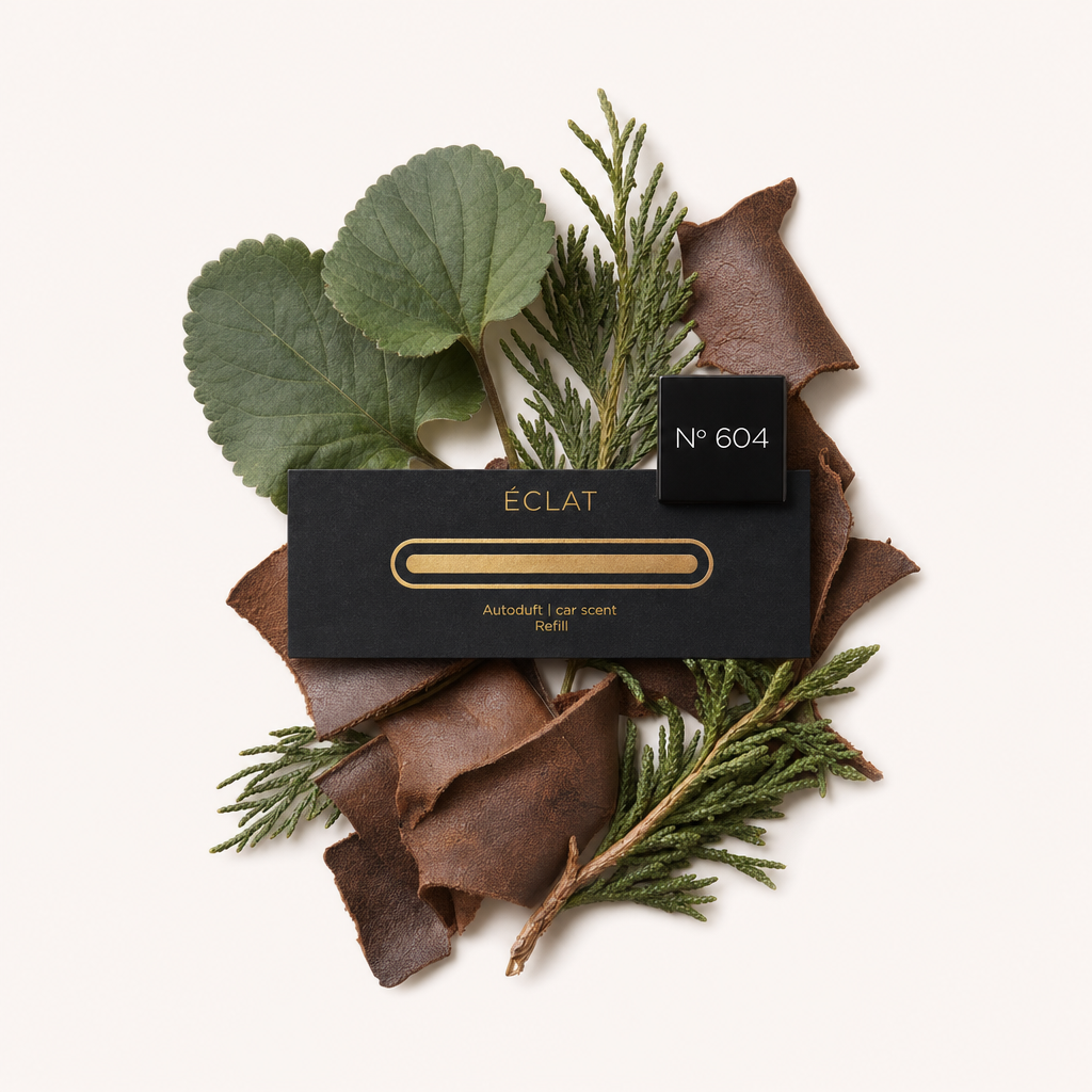 Ein Arrangement aus grünen Blättern, Kiefernzweigen und braunen Lederstreifen, mit einer schwarzen Kappe mit der Aufschrift 'N° 604' auf einer schwarzen Karte mit ÉCLAT-Branding.
