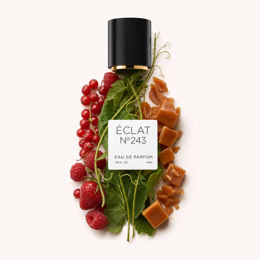 Ein Arrangement aus frischen roten Beeren, grünen Blättern und Karamellstücken umgibt eine schwarze Verschlusskappe mit Etikett für ÉCLAT Caramel & Berries.