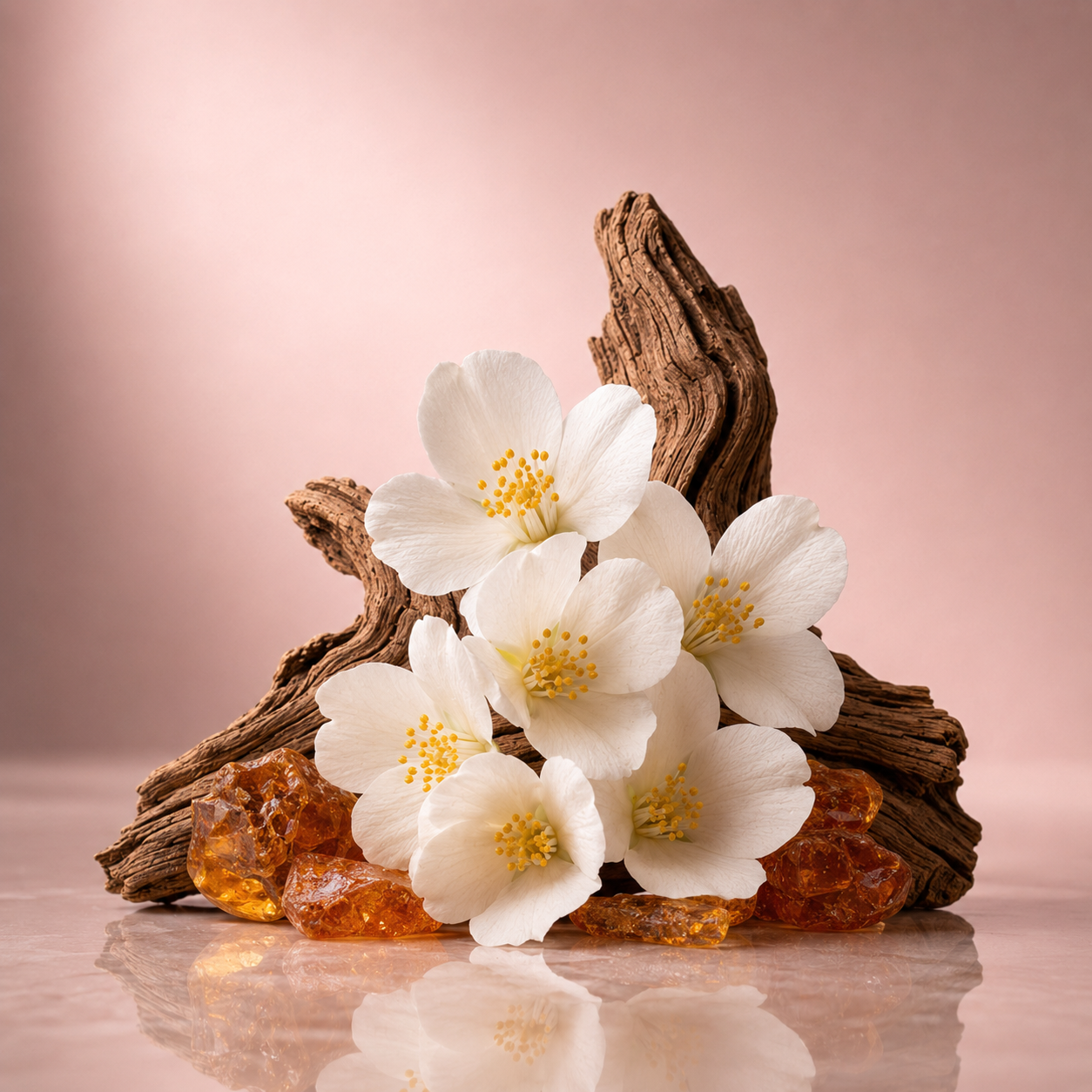 Weiße Jasminblüten und Bernstein auf einem Treibholz-Hintergrund für ÉCLAT Cashmere & Jasmine.