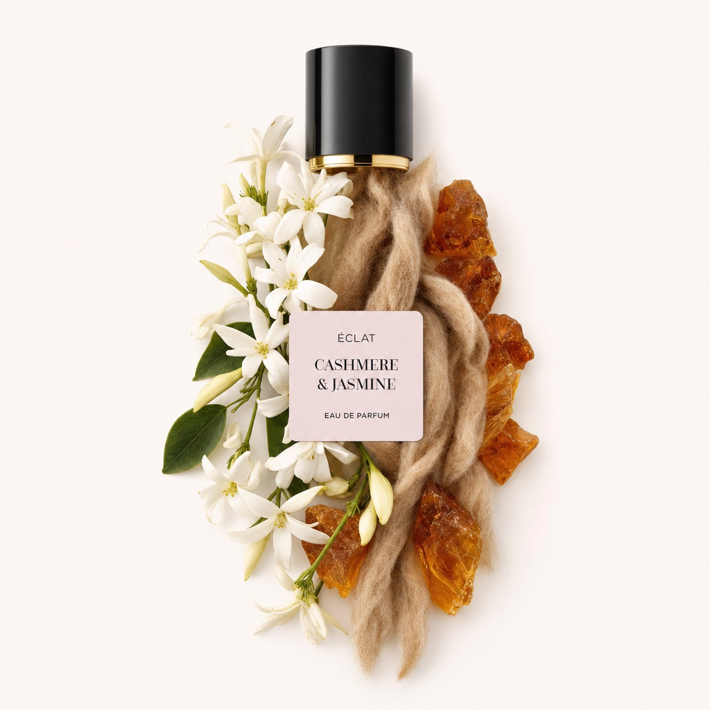 Ein Arrangement aus Jasminblüten, Bernstein und Kaschmirfasern umgibt eine schwarze Verschlusskappe mit goldener Verzierung, beschriftet mit ÉCLAT Cashmere & Jasmine.