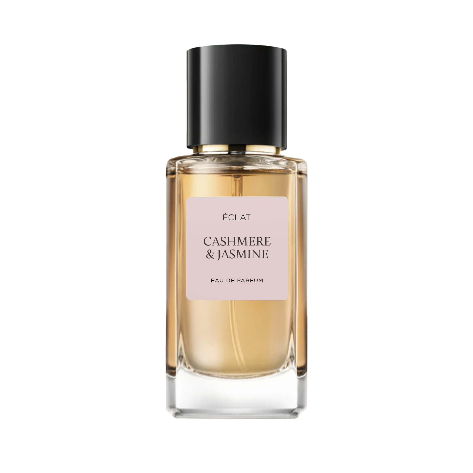 ÉCLAT Cashmere & Jasmine in einem facettierten Glasflakon mit matter schwarzer Kappe und zartrosa Etikett.
