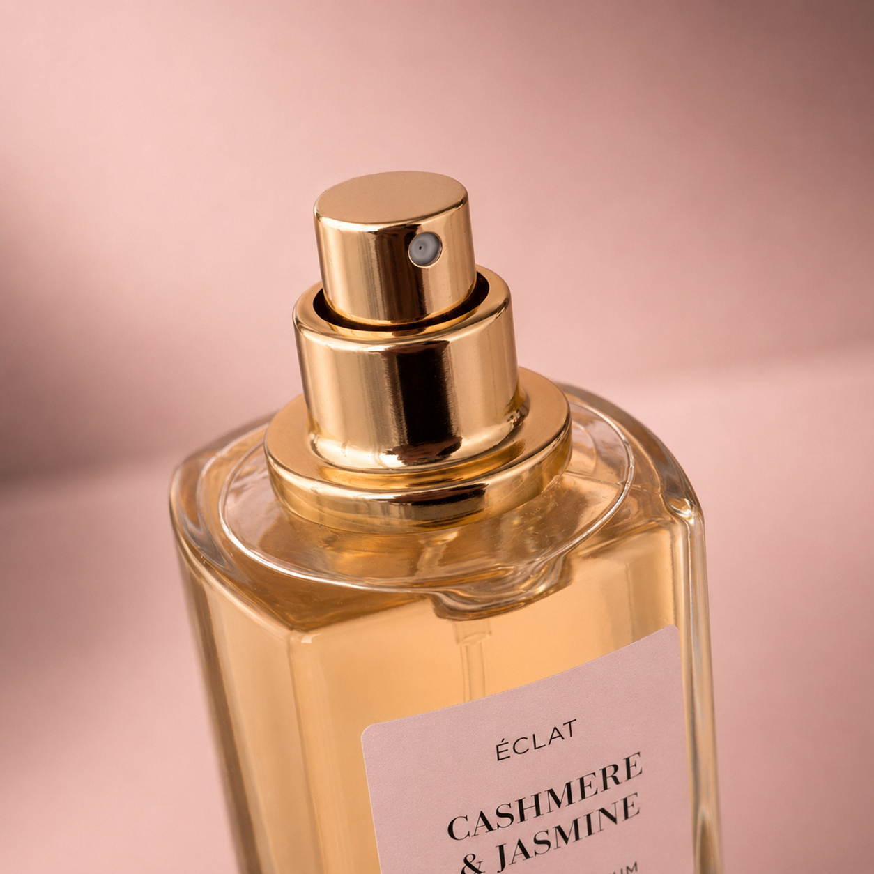 ÉCLAT Cashmere & Jasmine Parfümflakon mit facettiertem Glasdesign und goldfarbenem Sprühkopf vor einem zarten rosa Hintergrund.