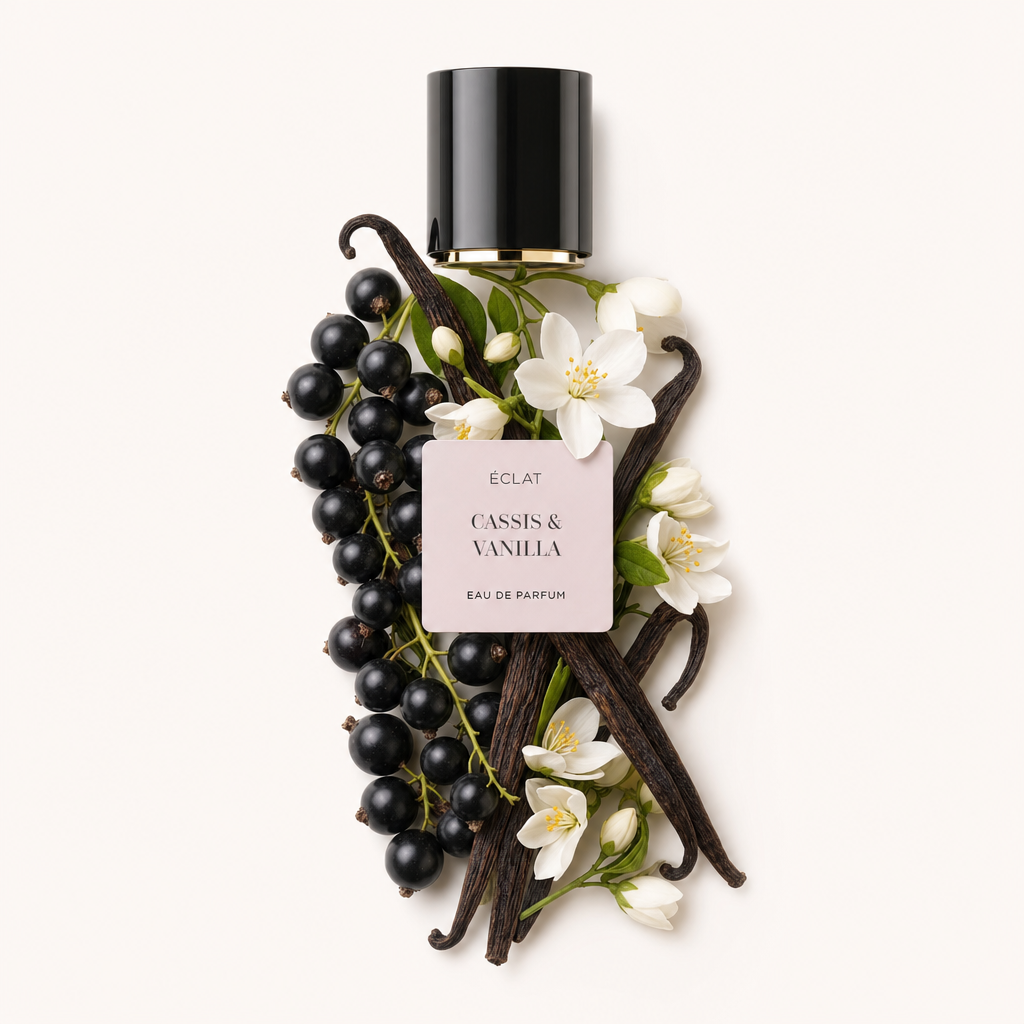 Ein Arrangement aus schwarzen Johannisbeeren, Vanilleschoten und weißen Blüten umgibt eine schwarze Verschlusskappe mit Etikett für ÉCLAT Cassis & Vanilla.