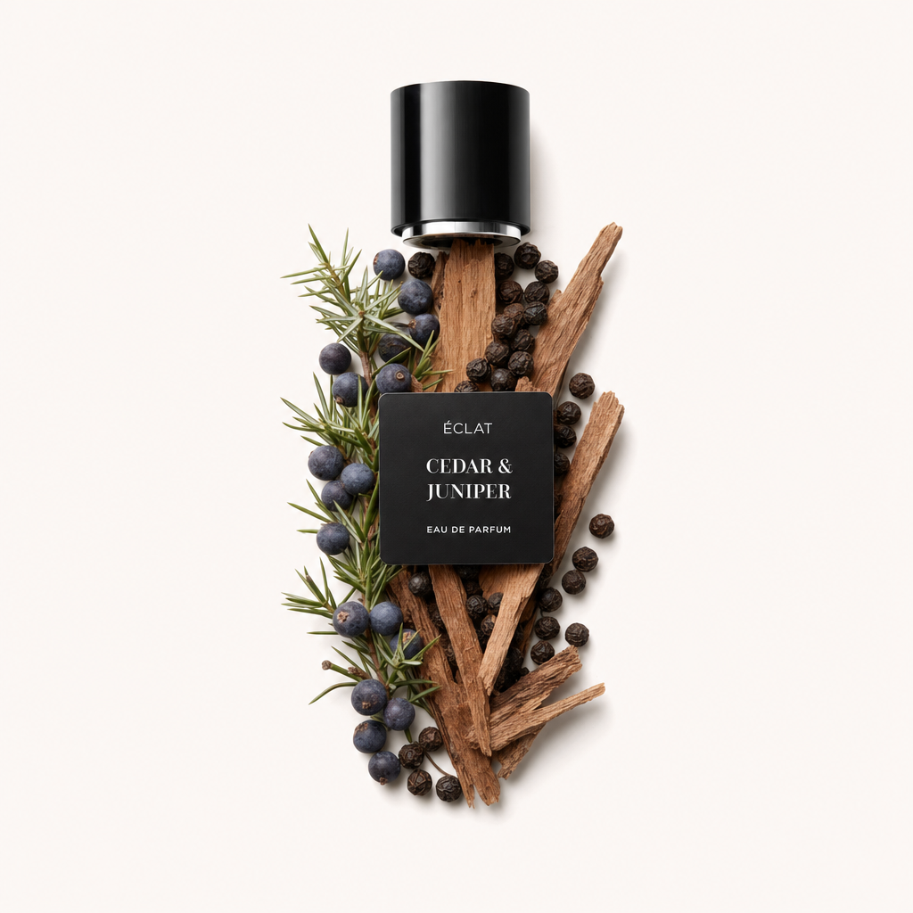 Ein Arrangement aus Wacholderbeeren, Zedernholzstücken und Pfefferkörnern umgibt eine schwarze Kappe mit einem ÉCLAT Cedar & Juniper Etikett.