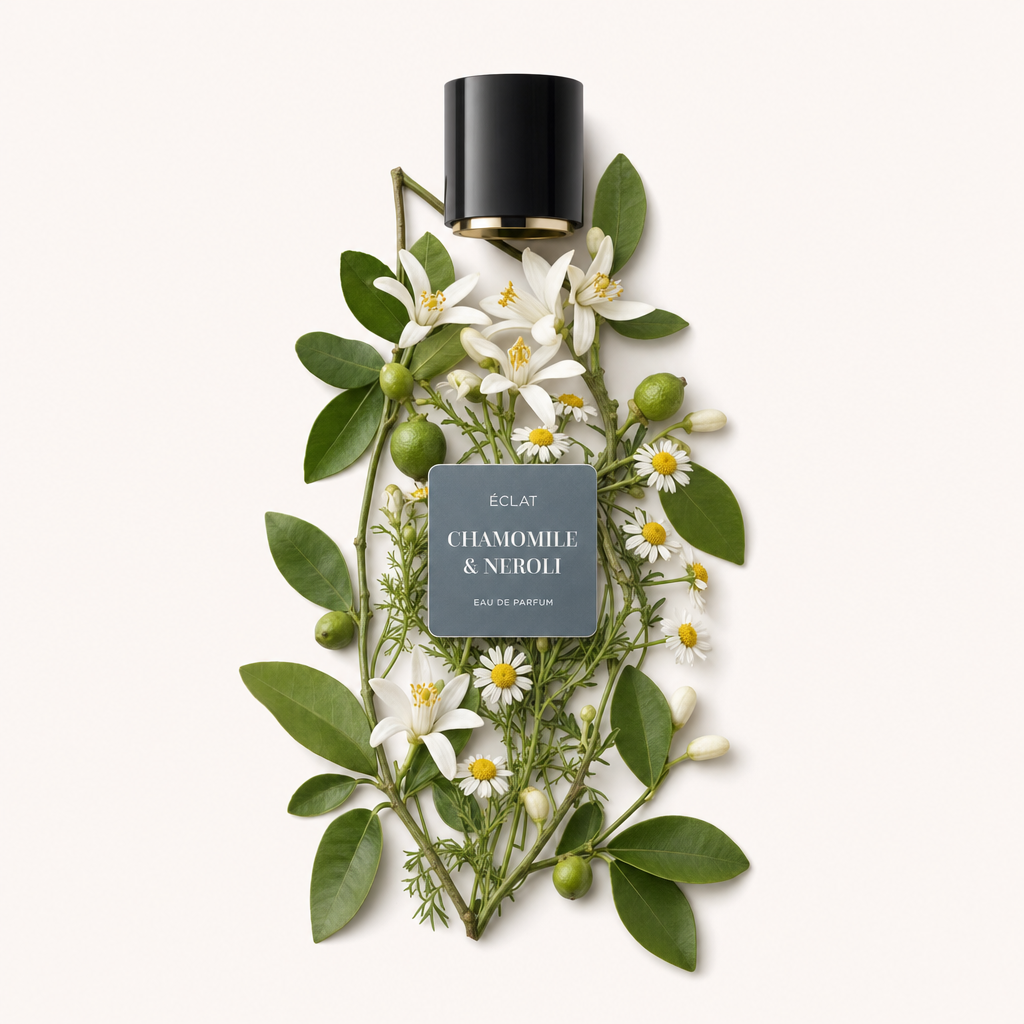 Ein Arrangement aus Kamillenblüten und Nerolizweigen, das eine schwarze Kappe mit ÉCLAT Chamomile & Neroli-Label elegant umrahmt.