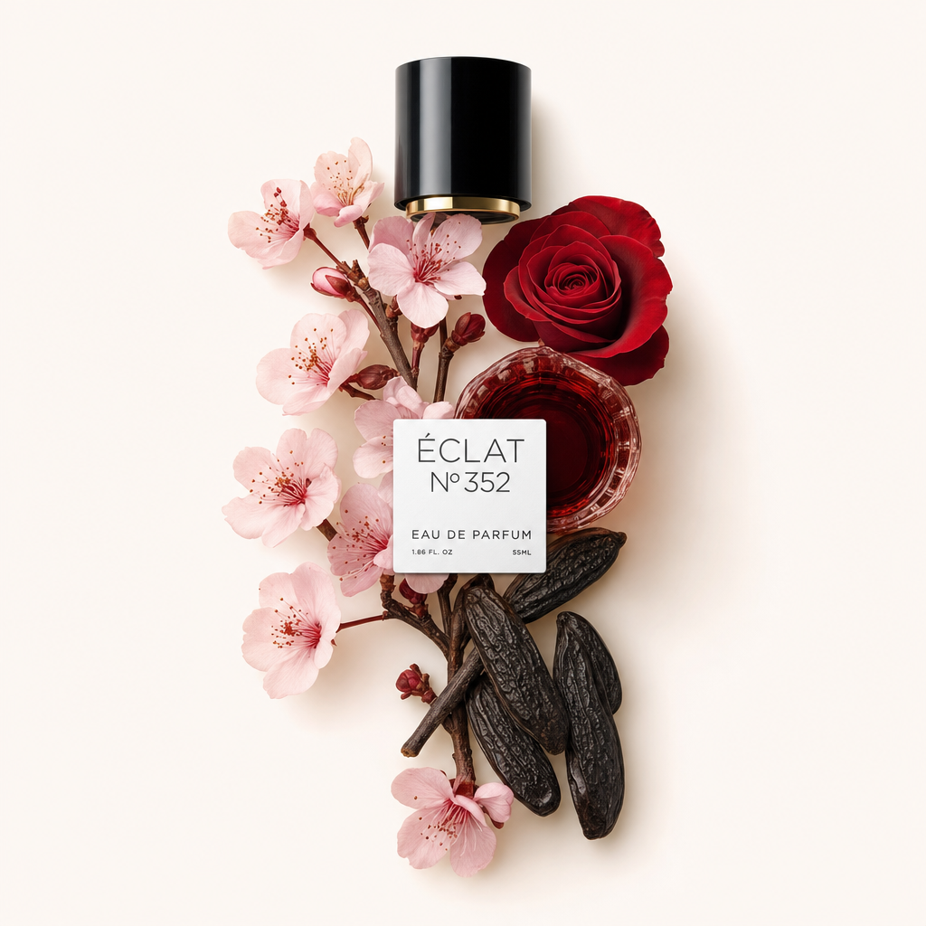 Ein Arrangement aus Kirschblüten, einer roten Rose und Tonkabohnen umgibt eine schwarze Verschlusskappe mit ÉCLAT Etikett.