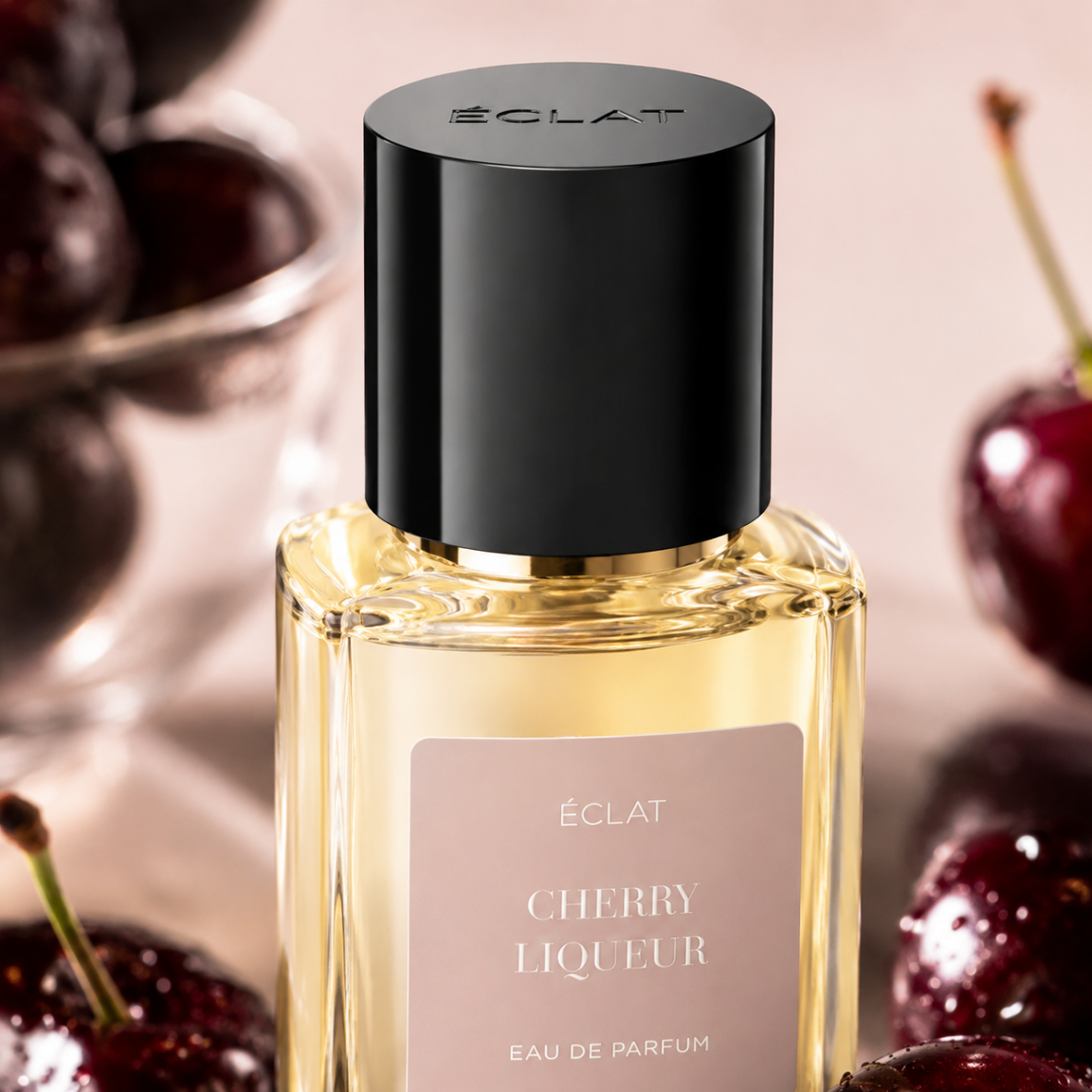 ÉCLAT Cherry Liqueur Parfumflakon mit schwarzem Verschluss, umgeben von frischen Kirschen.