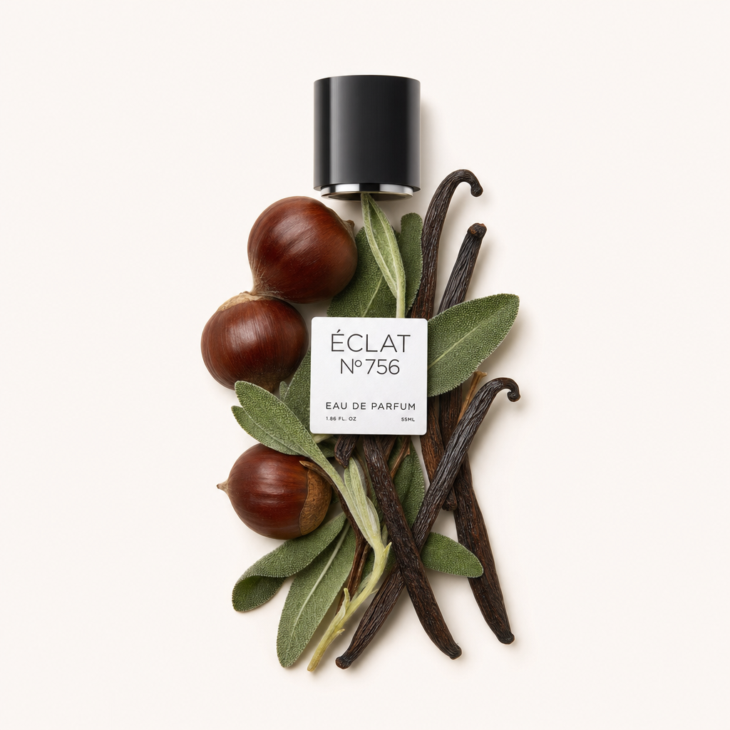 Ein Arrangement aus Kastanien, Vanilleschoten und Salbeiblättern mit einer schwarzen Verschlusskappe, die ÉCLAT trägt, zeigt die Essenz von ÉCLAT Chestnut & Vanilla.