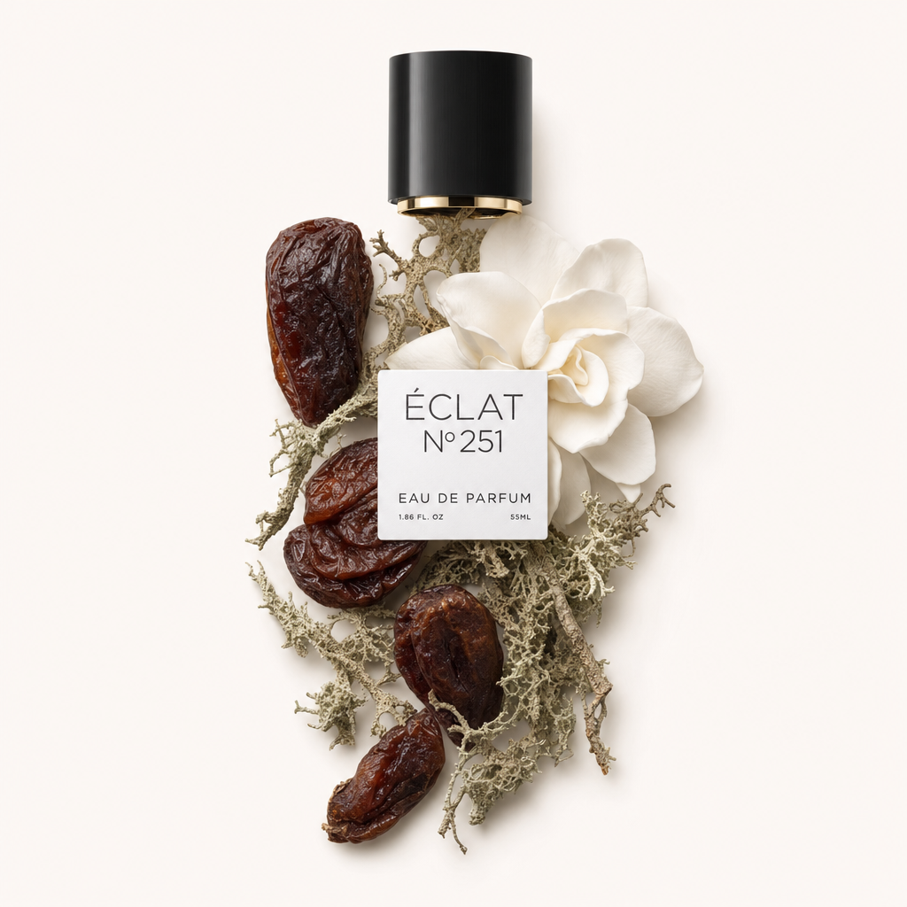 Ein elegantes Arrangement aus getrockneten Früchten und Moos, umrahmt von einer weißen Blüte, umgibt eine schwarze Kappe mit ÉCLAT Chypre Dried Fruits Etikett.