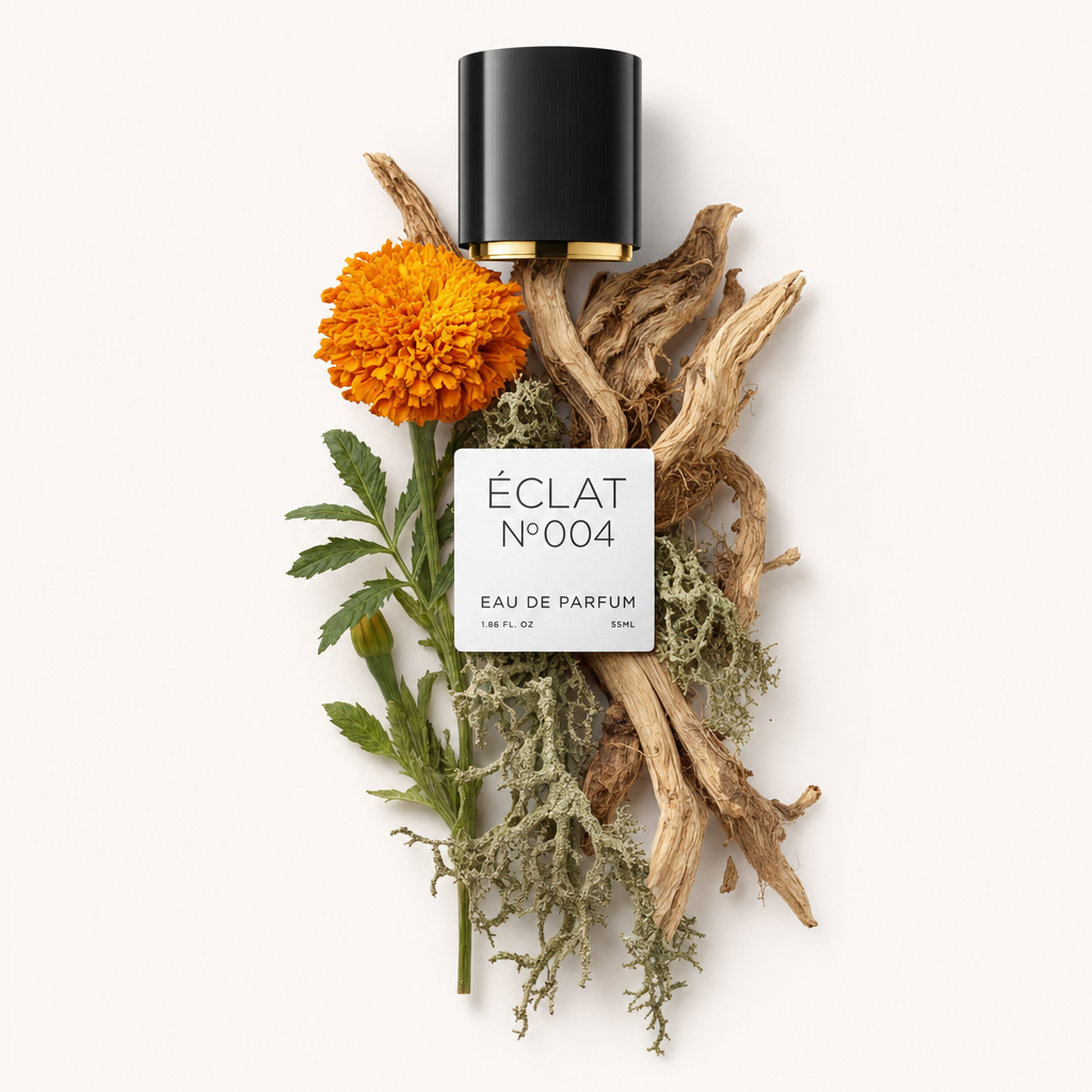 Ein kunstvolles Arrangement aus orangefarbener Ringelblume, grünen Blättern, verdrehtem Holz und Moos umgibt eine schwarze Verschlusskappe mit einem Etikett, das ÉCLAT Chypre Marigold zeigt.