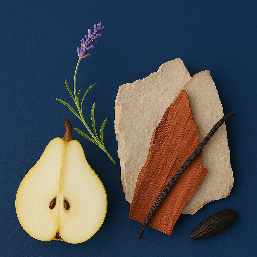 Eine Komposition aus einer halben Birne, Lavendelzweig, Sandsteinstücken und Zimtstange, die den Duft ÉCLAT Cinnamon & Pear heraufbeschwört.