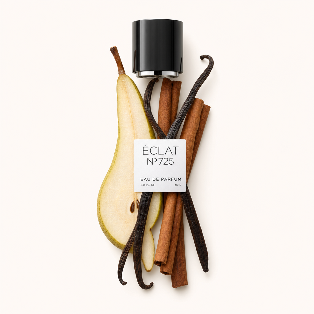 Ein Arrangement aus frischen Birnenscheiben, Zimtstangen und Vanilleschoten umgibt eine schwarze Verschlusskappe mit Etikett für ÉCLAT Cinnamon & Pear.