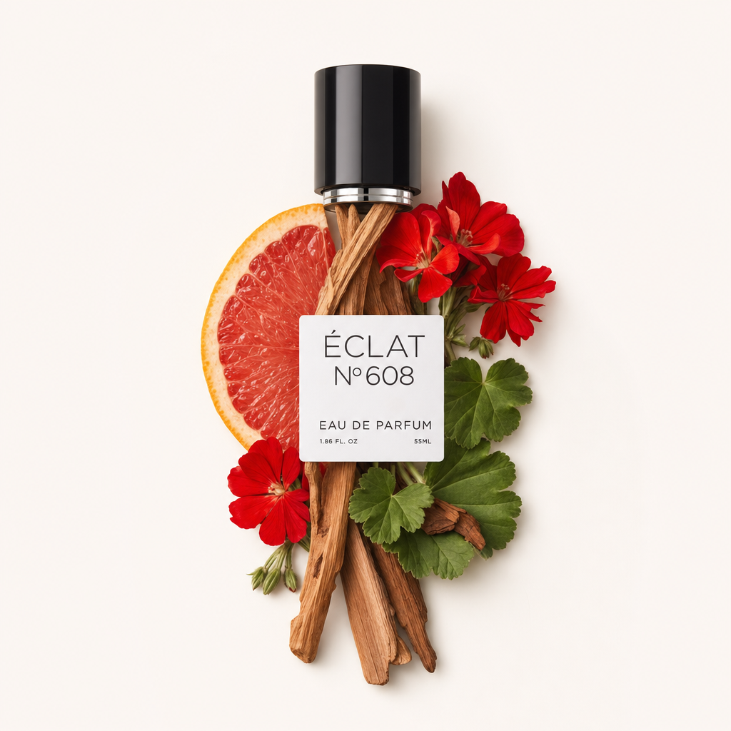 Arrangement aus Grapefruitscheibe, aromatischen Stöcken und roten Blüten um ÉCLAT Kappe mit Etikett.