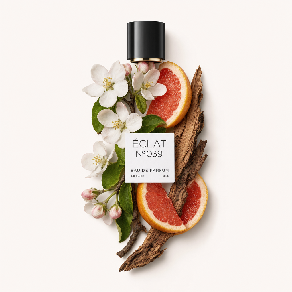 Ein Arrangement aus Apfelblüten, Grapefruitscheiben und Rinde, mit einer schwarzen ÉCLAT-Kappe mit Etikett.