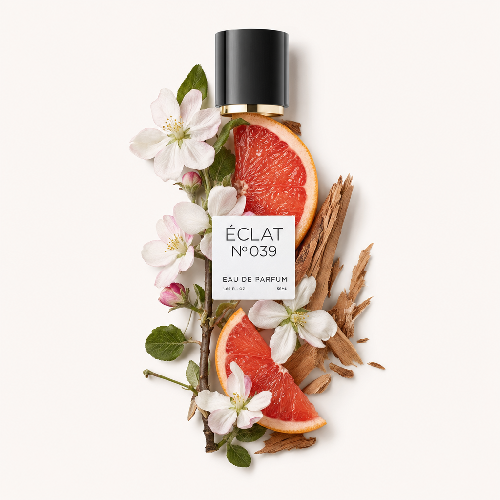 Ein Arrangement aus rosafarbenen Apfelblüten, Grapefruitscheiben und Holzspänen umgibt eine schwarze ÉCLAT-Kappe mit Etikett.