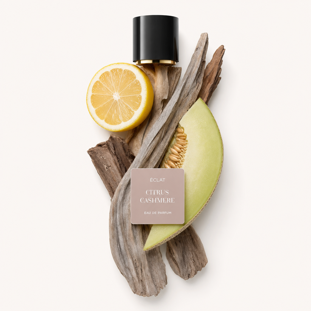 Ein Arrangement aus Zitrusscheiben und einem Melonenstück auf Treibholz, das die Duftnoten von ÉCLAT Citrus Cashmere unter einer schwarzen Kappe mit Etikett zeigt.