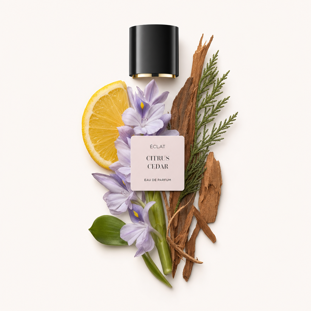 Ein kunstvolles Arrangement aus Zitrusscheiben, blühenden violetten Blumen, Zedernholz und Grün, mit einer schwarzen Kappe mit ÉCLAT-Label oben.