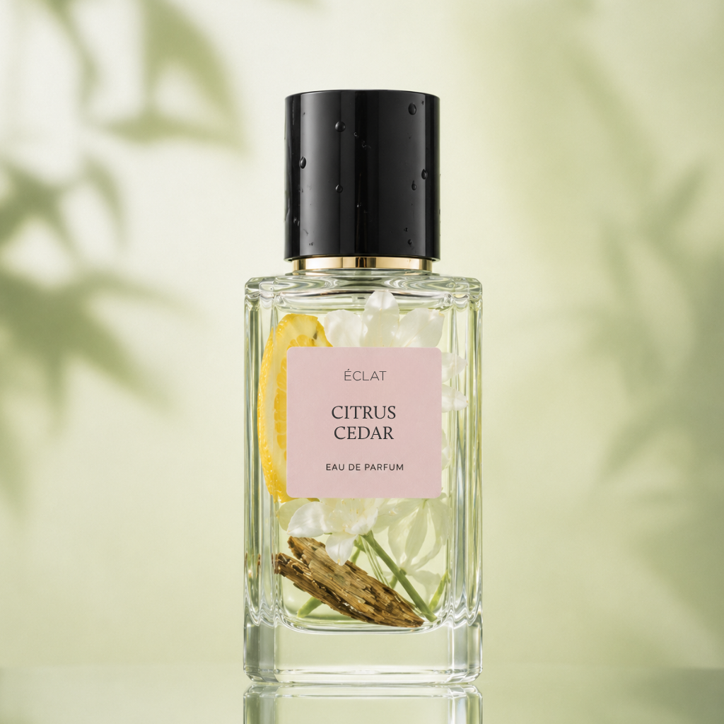 Facettierter Glasflakon von ÉCLAT Citrus Cedar mit einem eleganten schwarzen Verschluss und einem hellen Etikett vor grünem Hintergrund.