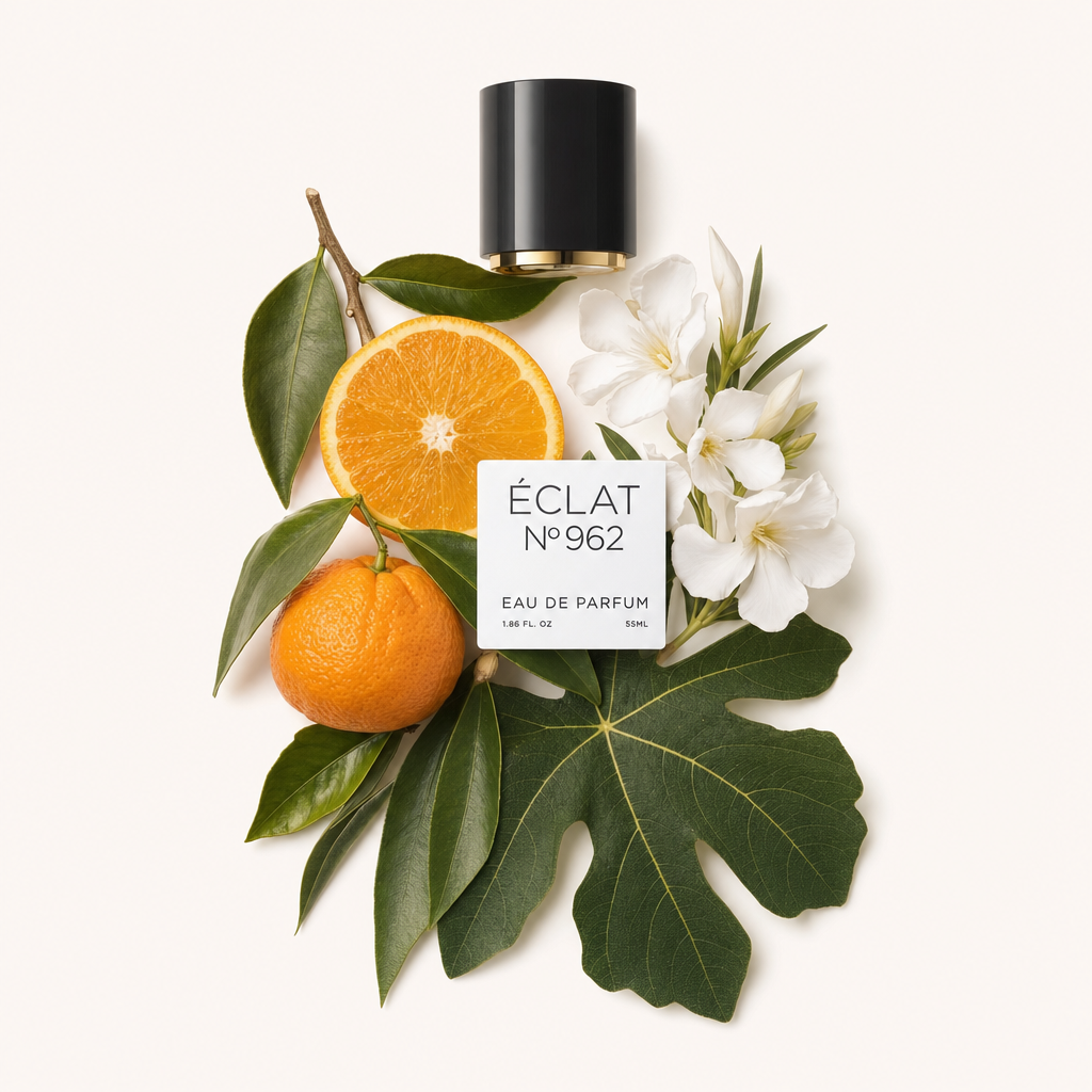Eine Komposition aus Orangenscheiben, Mandarine, Feigenblättern und weißen Blüten umgibt die schwarze Kappe von ÉCLAT Citrus Fig Leaf.