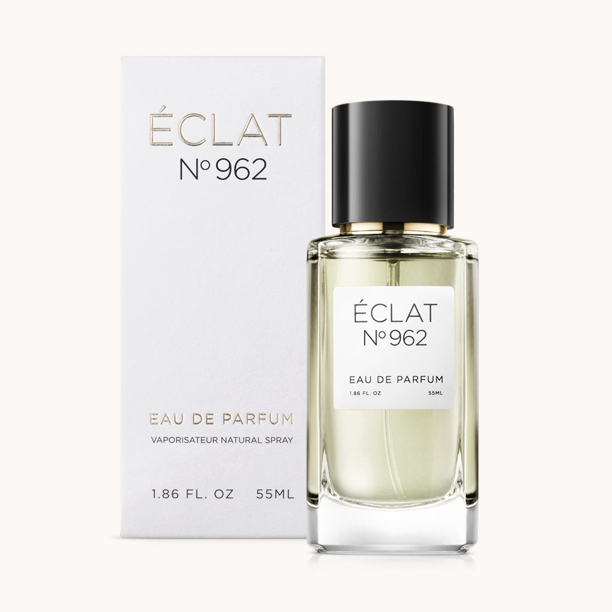 Eleganter Glasflakon mit schwarzer Kappe und weißem Etikett, neben der weißen ÉCLAT Citrus Fig Leaf Verpackung platziert.