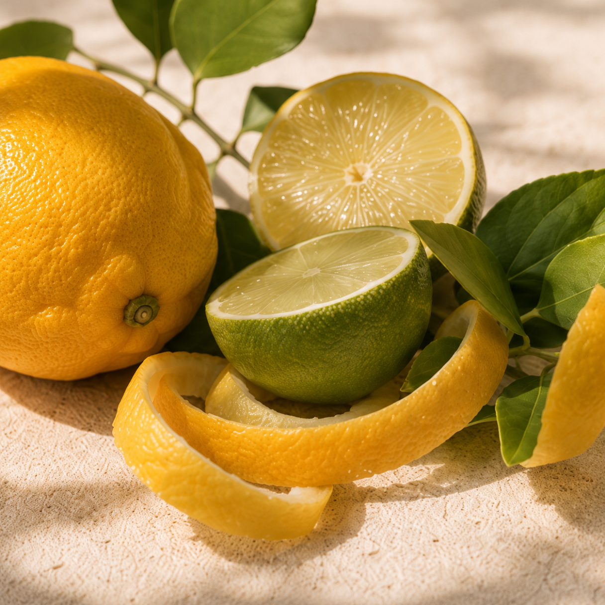 Arrangement aus frischen Zitrusfrüchten mit üppigen grünen Blättern auf einer strukturierten Oberfläche, repräsentiert ÉCLAT Citrus Fruits & Olive Wood.