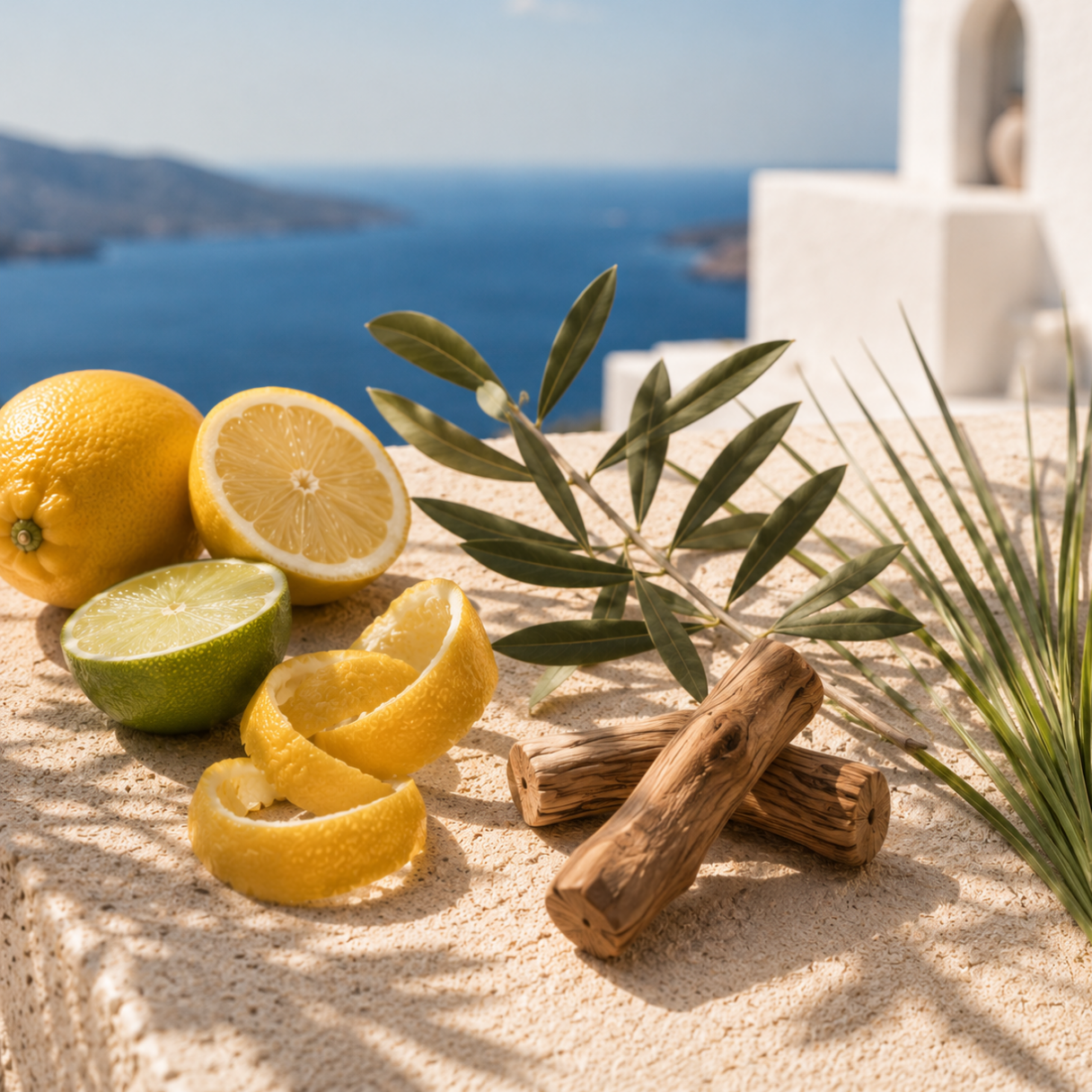 Zitrone, Limette und Olivenholzstücke mit Blättern auf einer Steinoberfläche mit Blick auf das Meer.
