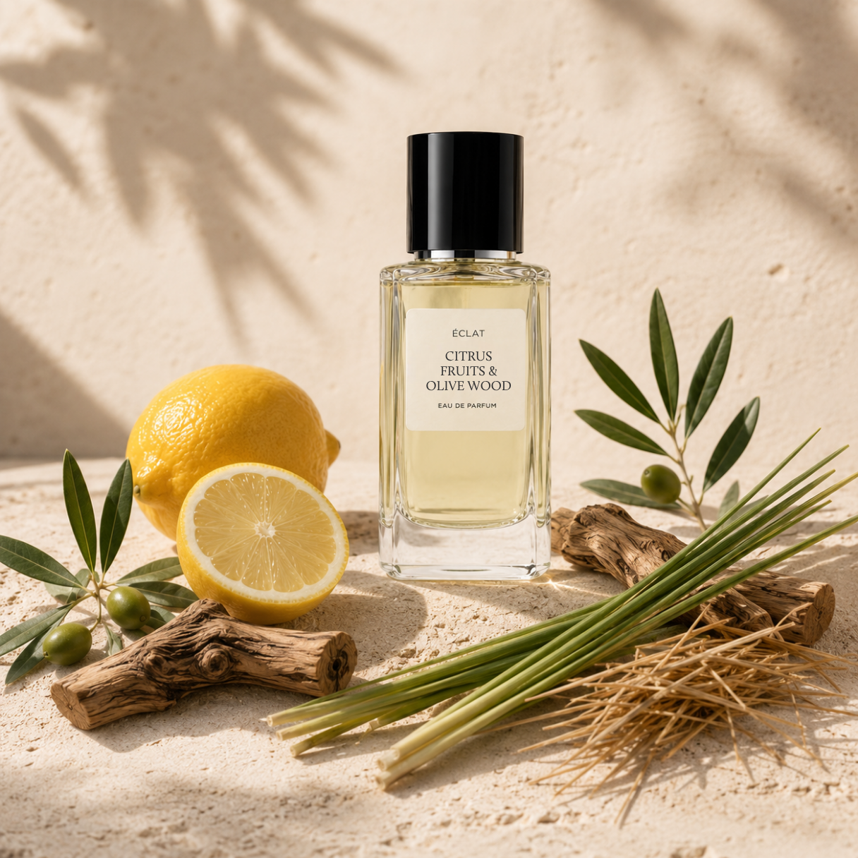 Ein facettierter Glasflakon des ÉCLAT Citrus Fruits & Olive Wood Parfums steht zwischen frischer Zitrone, Olivenzweigen und Zitronengras.
