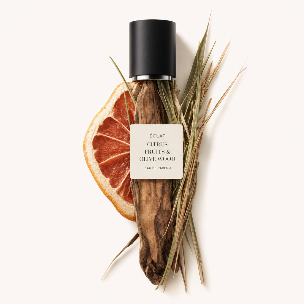 Ein Arrangement aus getrockneter Grapefruitscheibe, Olivenholz und Gräsern umgibt die schwarze Verschlusskappe mit Etikett von ÉCLAT Citrus Fruits & Olive Wood.