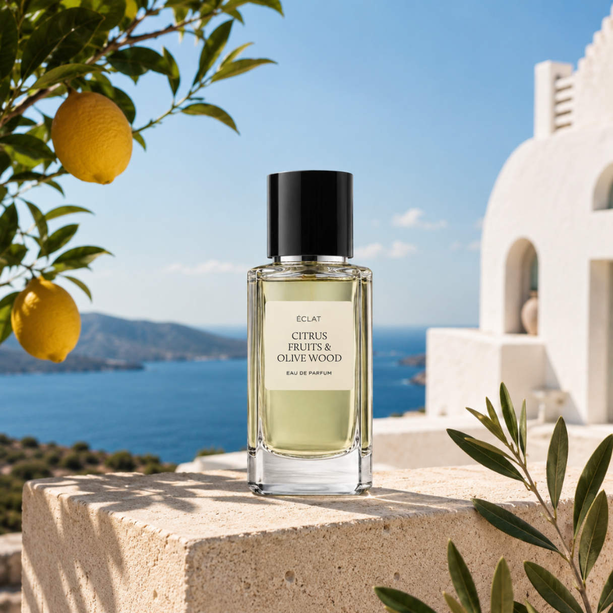 Ein facettierter Glasflakon von ÉCLAT Citrus Fruits & Olive Wood mit schwarzer Kappe vor einer Küstenkulisse mit Zitronenbäumen.