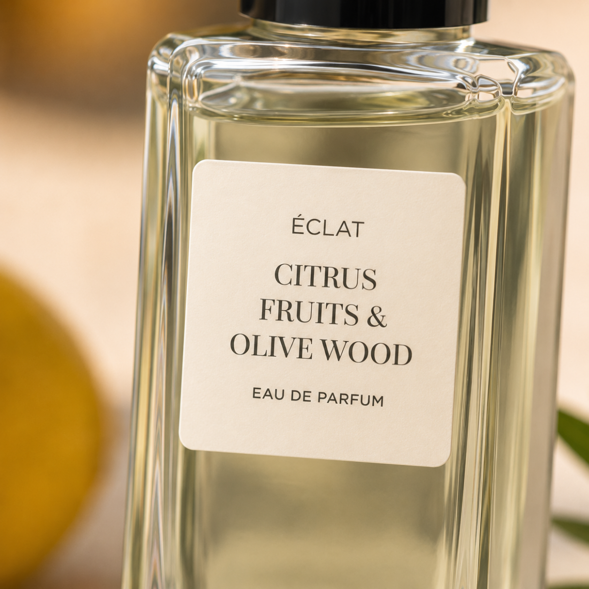 Facettierter Glasflakon mit mattem Etikett, das ÉCLAT Citrus Fruits & Olive Wood zeigt.