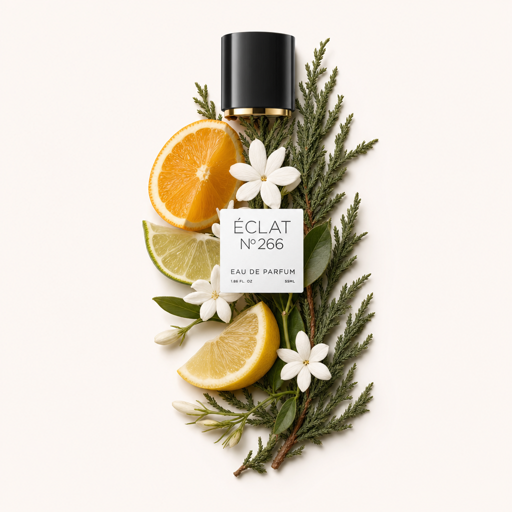 Ein Arrangement aus Zitrusfrüchten und Kiefernzweigen, akzentuiert mit weißen Blüten, umgibt eine schwarze Kappe mit Etikett von ÉCLAT Citrus Fruits & Pine.