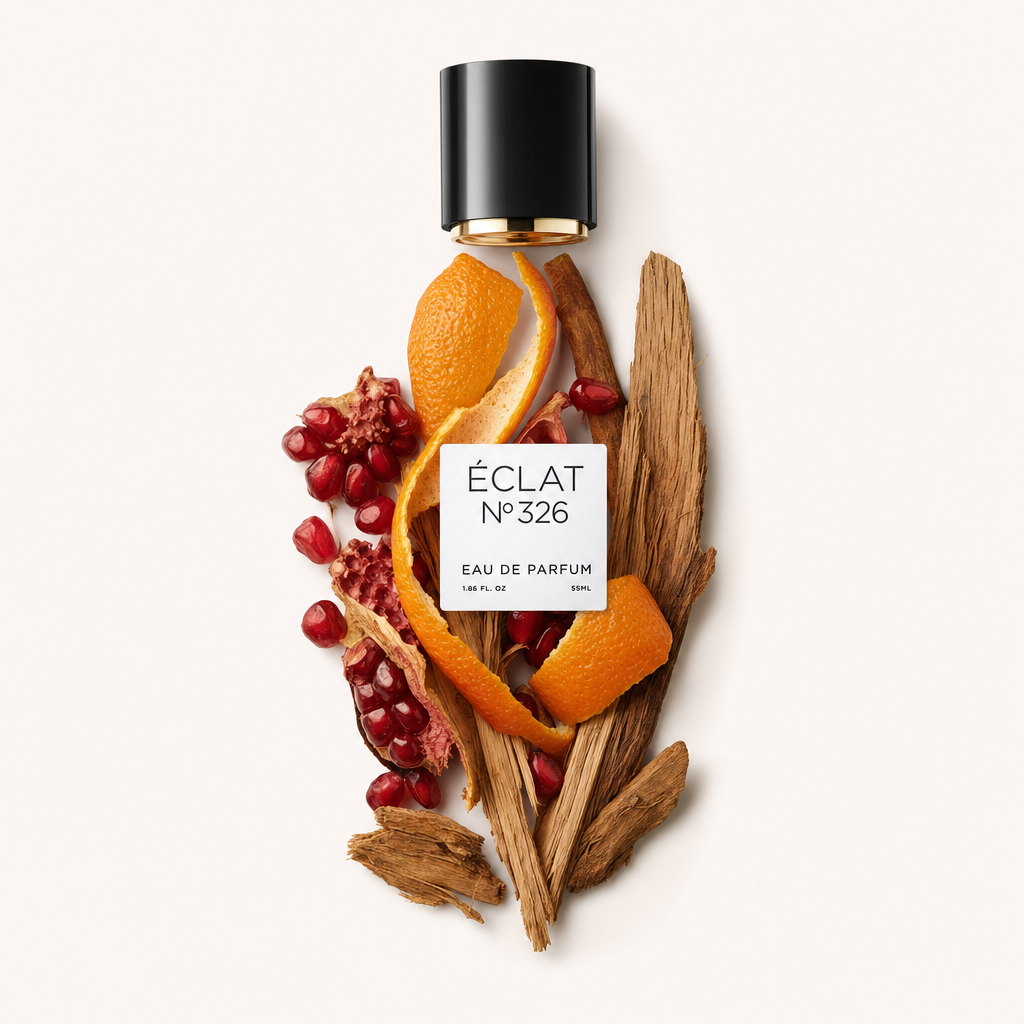 Ein Arrangement aus Orangenschalen, Granatapfelkernen und Holzstücken umgibt eine schwarze Kappe mit Etikett für ÉCLAT Citrus Grenadine.