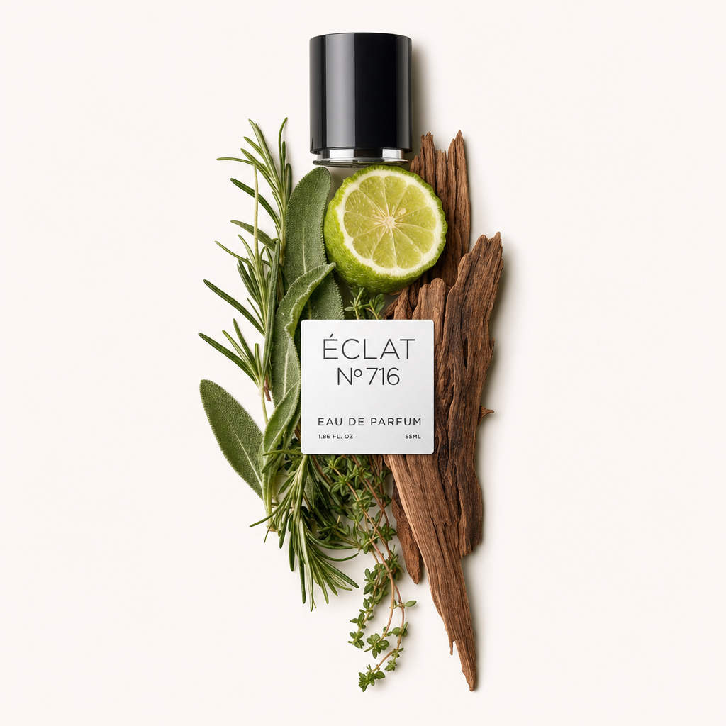 Ein Arrangement aus frischem Rosmarin, Salbei, Limette, Thymian und Holztönen umgibt eine schwarze Verschlusskappe mit einem Etikett, das ÉCLAT Citrus Herbs zeigt.