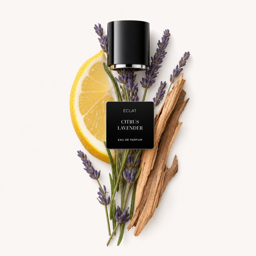 Ein Arrangement aus Zitronenscheiben, Lavendelzweigen und Holzstücken umgibt eine schwarze ÉCLAT-Kappe mit einem Etikett 'Citrus Lavender'.
