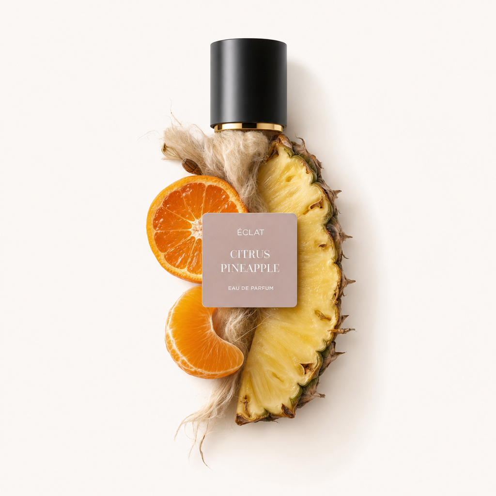 Arrangement aus Ananasscheiben und Orangensegmenten mit einer schwarzen Kappe, die ÉCLAT Citrus Pineapple beschriftet ist.