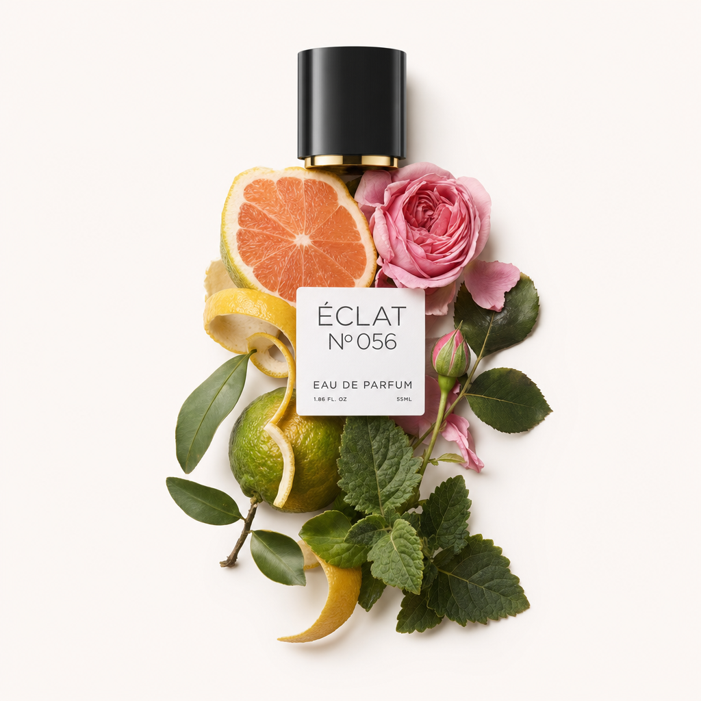 Eine schwarze Verschlusskappe mit Etikett liegt auf einem Arrangement aus Zitrus- und Rosenelementen, darunter Grapefruit, Rose, Zitronenschale und grüne Blätter für ÉCLAT Citrus Rose.