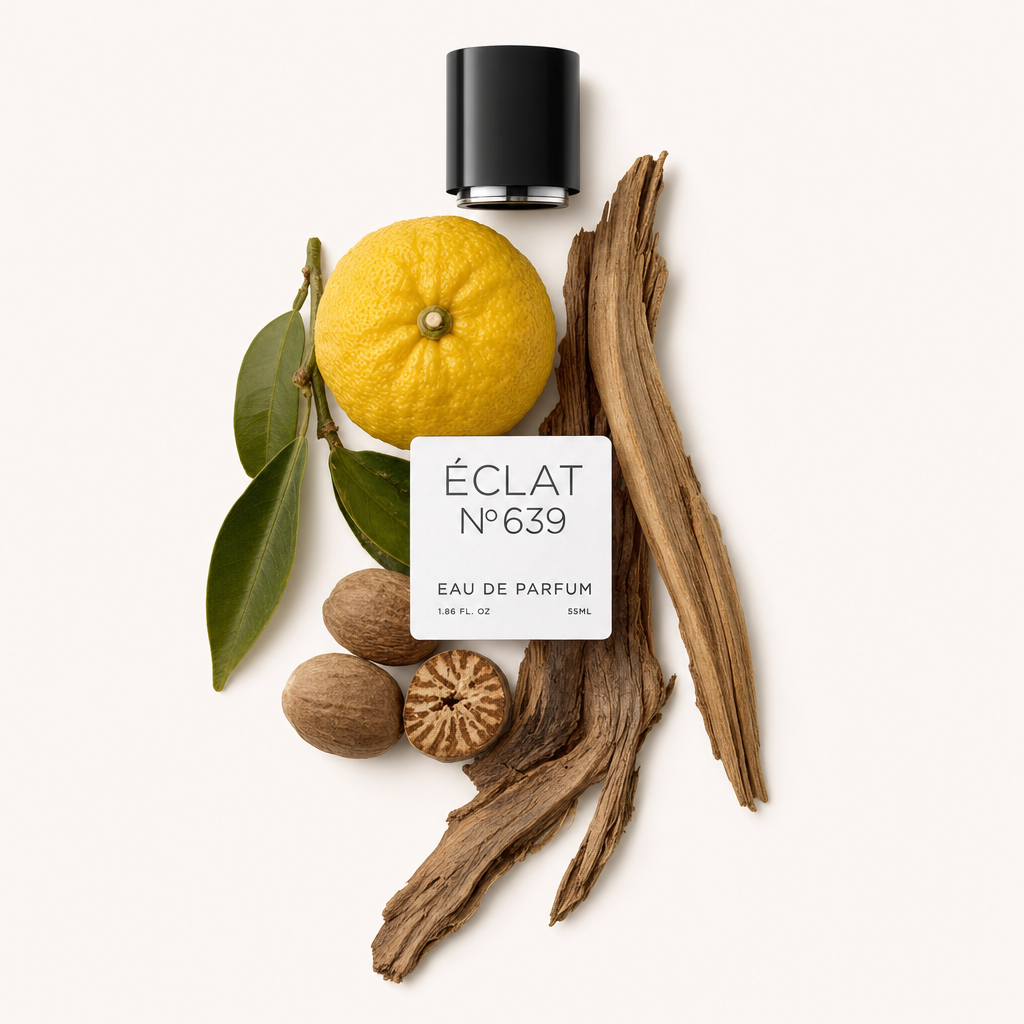 Ein Arrangement aus einer ganzen Zitrone, grünen Blättern, ganzer und geschnittener Muskatnuss und Sandelholzstücken, mit einer schwarzen Kappe mit ÉCLAT Citrus Sandalwood Etikett.