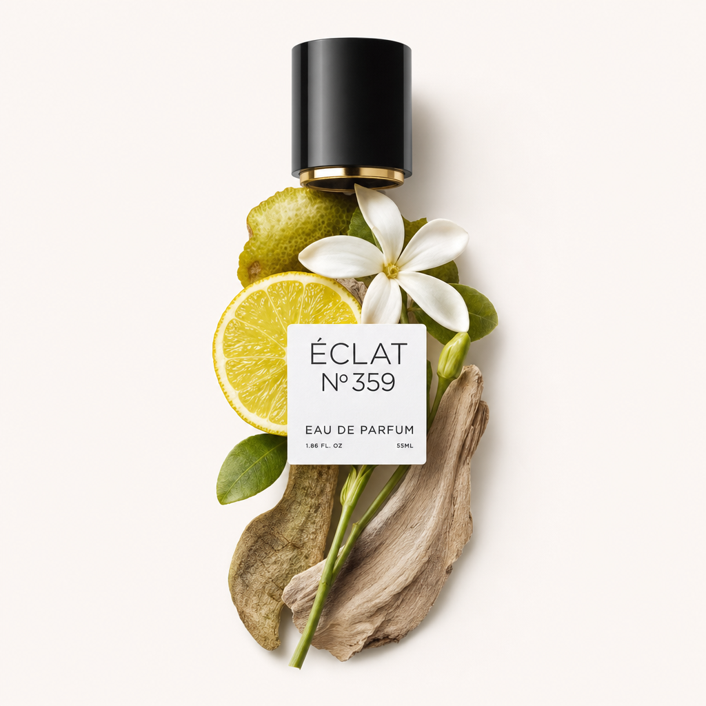 Ein Arrangement aus Zitrusscheiben, weißen Tiaré-Blüten und grünen Blättern mit einem Stück Treibholz, gekrönt von einer schwarzen Kappe mit ÉCLAT-Etikett.