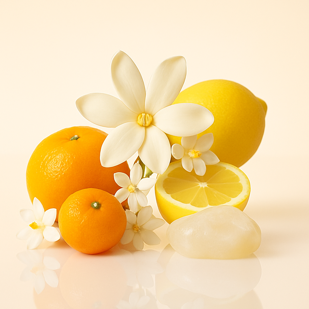 Eine Anordnung von Zitrone, Orange und Blumen auf einer reflektierenden Oberfläche, die den Duft ÉCLAT Citrus Tiaré symbolisiert.