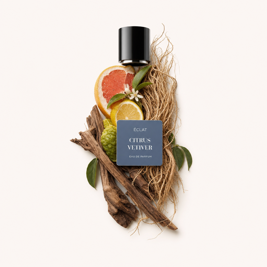 Ein kunstvoll arrangiertes Stillleben aus Grapefruit, Orangenscheiben, Vetiverwurzeln und Bergamotte neben der Verschlusskappe von ÉCLAT Citrus Vetiver mit Etikett.