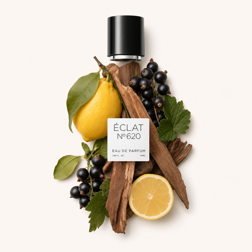 Ein Arrangement aus Zitrone, schwarzen Johannisbeeren und Holzstäben bildet den Hintergrund für die Kappe von ÉCLAT Citrus Woods mit Etikett.