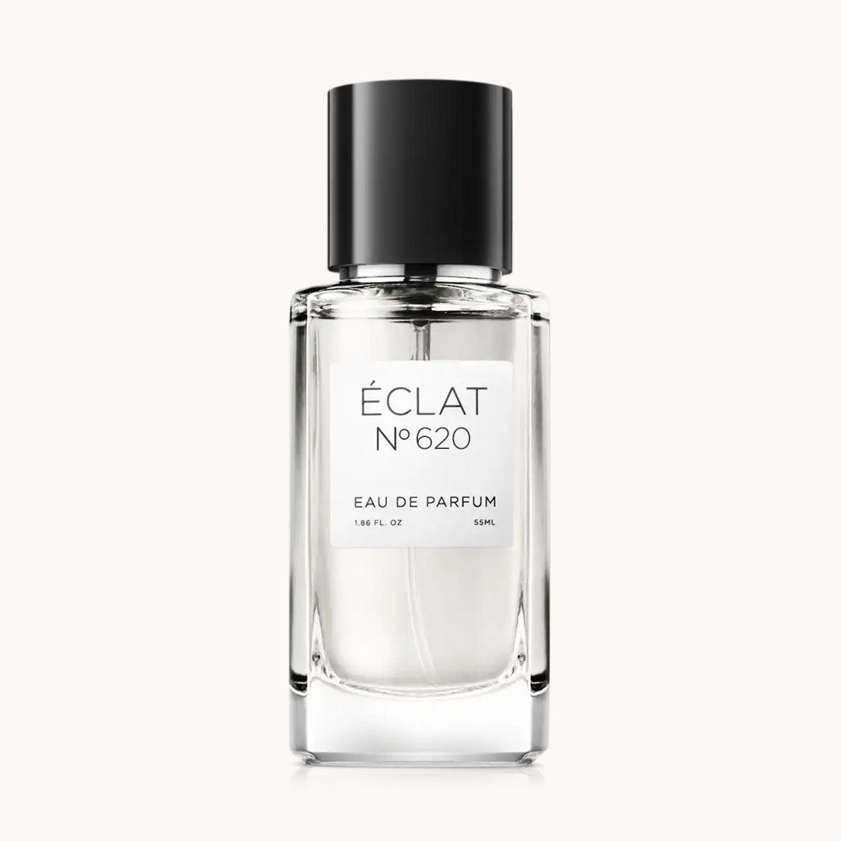 Eleganter Glasflakon von ÉCLAT VIP - Citrus Woods mit einem eleganten schwarzen Verschluss und minimalistischen weißen Etikett.