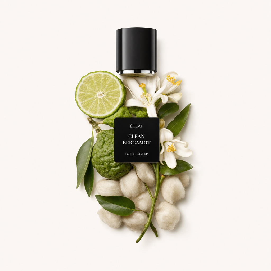 Ein Arrangement aus frischen Bergamottescheiben, lebendigen grünen Blättern und zarten weißen Blüten umgibt eine schwarze Kappe mit ÉCLAT Clean Bergamot Etikett.
