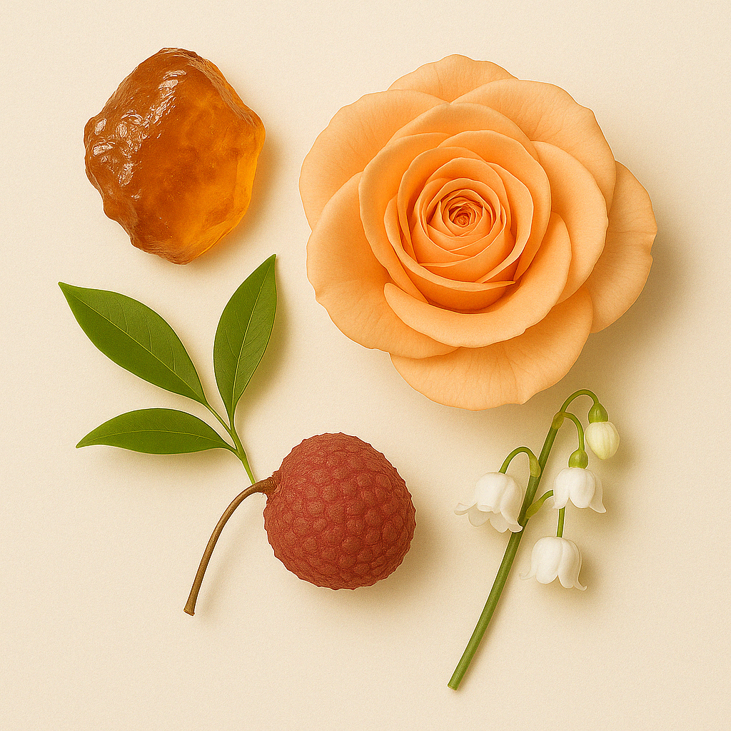 Eine Komposition mit einer pfirsichfarbenen Rose, Bernsteinharz, Litschi, grünen Blättern und Maiglöckchen auf beigem Hintergrund.
