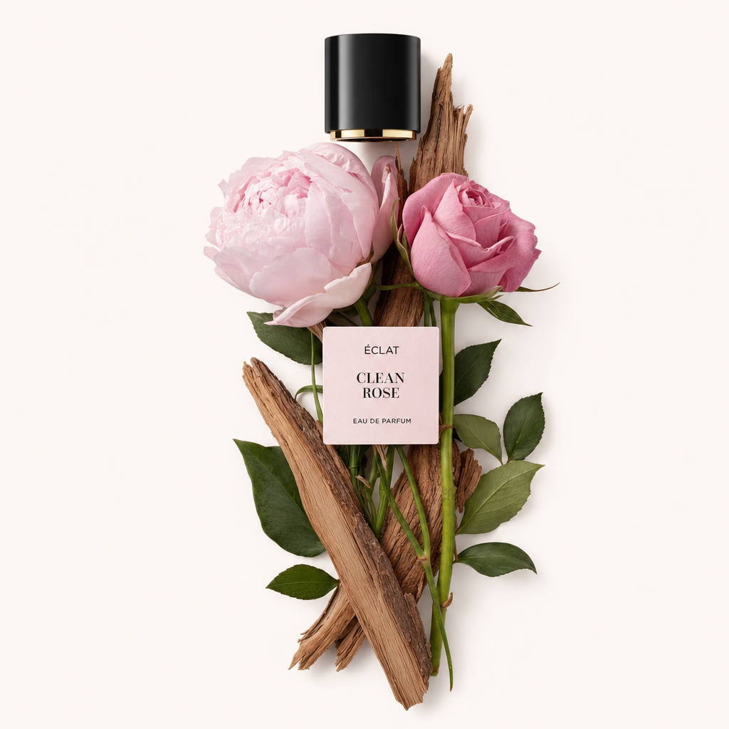 Ein Arrangement aus einer rosa Pfingstrose und einer rosa Rose, umgeben von grünen Blättern und Holzstücken, verziert mit der originalen schwarzen Verschlusskappe mit ÉCLAT Clean Rose Etikett.