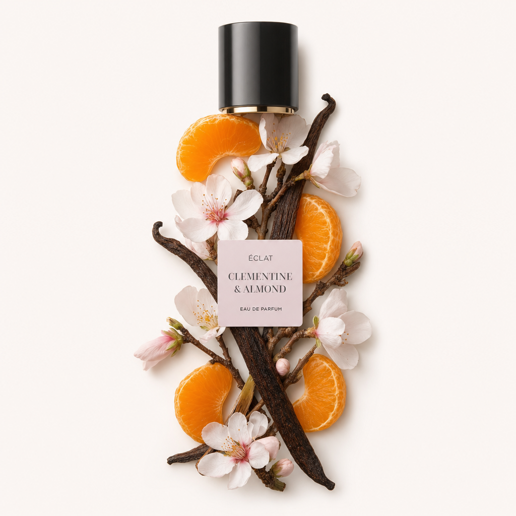 Ein Arrangement aus Clementinenscheiben, Mandelblüten und Vanilleschoten umgibt eine schwarze Kappe mit Etikett für ÉCLAT Clementine & Almond.